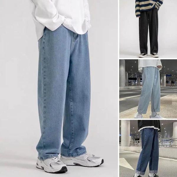 Jeans pour hommes hommes rétro streetwear jambe large avec bouton fermeture à glissière poches lâche coupe droite pleine longueur denim pour un