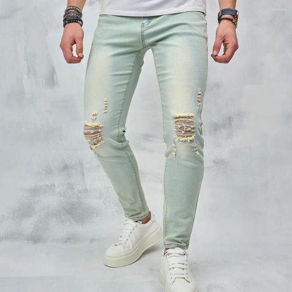 Jeans para hombres Hombres Estilo retro Agujeros elásticos Agujeros flaco Streetwear Masculino Elegante Slim Distressed Sólido Casual Denim Pantalones para