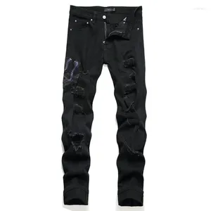 Jeans para hombres Hombres Pantalones de mezclilla rasgados Bordado de serpiente Ropa de calle desgastada Slim Fit Hip Hop Pantalones rectos Punk Stretch Ropa