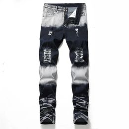 Jeans pour hommes hommes déchiré mode moto denim design pantalon droit marque patchs occasionnels porter trou ruiné grande taille 231213