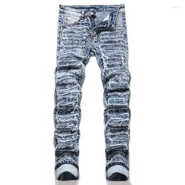 Heren Jeans Heren Gescheurde Fringe Patches Lente Herfst Streetwear Patchwork Slanke Rechte Stretch Denim Broek Blauwe Mid-Taille Broek