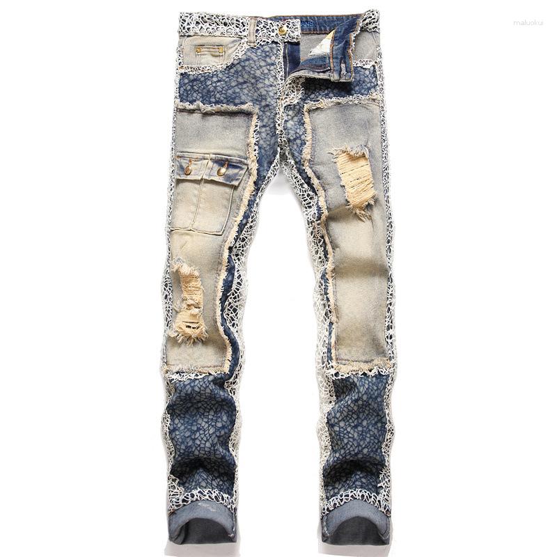 Herr jeans män rippade multi pocket streetwear hip hop y2k lapptäcke blå denim byxor byxor man