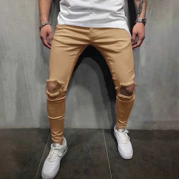 Jeans para hombres Hombres Pantalones rasgados Lápiz Denim Pantalones largos Flacos Negro / Blanco / Verde / Caqui Casual Streetwear Joven Versátil Color Sólido L2312