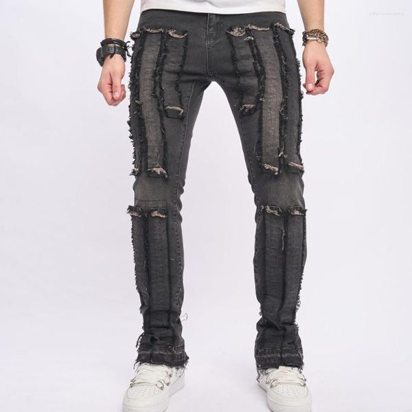 Jeans pour hommes Hommes Ripped Patch Slim Fit Crayon Streetwear Stretch Trous Hip Hop Denim Pantalon Vêtements