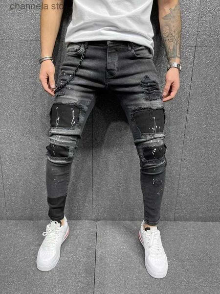 Jeans pour hommes Hommes Ripped Skinny Jeans Biker Haute Qualité Noir En Détresse Slim Crayon Pantalon Locomotive Zipper Denim Pantalon Hip Hop Pantalon T240205
