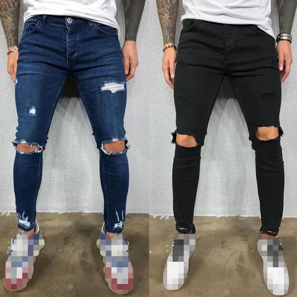 Jeans pour hommes Hommes Ripped Skinny Jeans Mode Genou Trou Détruit Effiloché Noir Stretch Jeans Hombre Casual Bleu Denim Crayon Pantalon Streetwear 230927