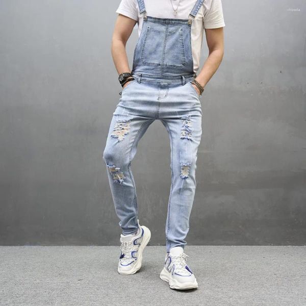 Jeans para hombres Hombres rasgados Babero delgado Babero monuminones Jumpsuits Eleged Man Streetwear Dungarees Correa masculina