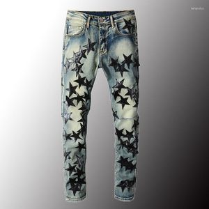 Jeans para hombres 2023 Hombres de lujo Estrellas de cuero para hombre Parche Estiramiento Denim Streetwear Agujeros Ripped Slim Flaco Lápiz Pantalones Patchwork