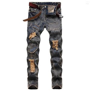 Jeans pour hommes Hommes 2023 Style Nostalgique Patch Tissu Personnalité Tendance Jean Coupe Droite Pantalon Hommes E Stretch Vêtements Pour