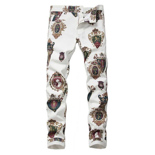 Jeans pour hommes badge masculin 3D jeans blanc imprimé mode dessin slim slim stretch pantalon long t221102