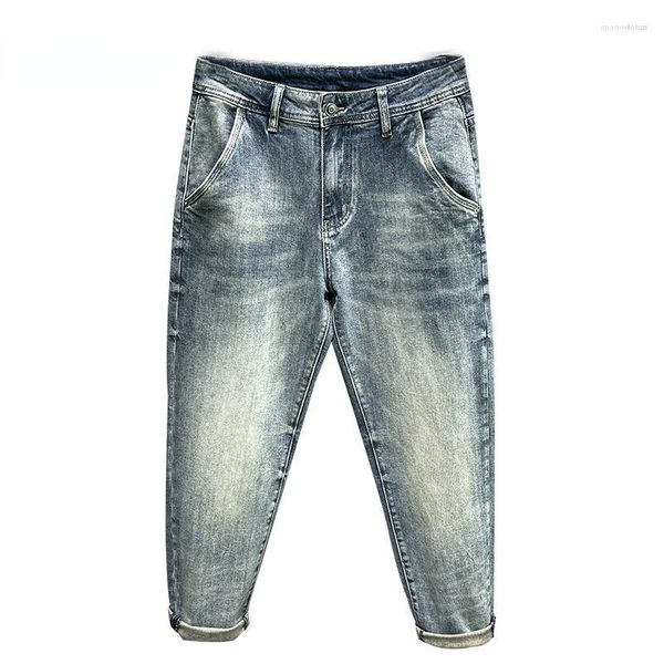 Pantalones vaqueros para hombres Pantalones de harén holgados para hombres Pierna ancha Azul claro Estilo elástico Ropa de calle Pantalones de mezclilla lavados para hombre Hip Hop Ropa masculina