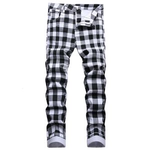 Jeans pour hommes Jeans imprimés à carreaux noir et blanc pour hommes Mode Check Digital Print Slim Pantalon droit Pantalon extensible 230307