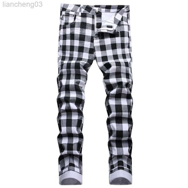 Pantalones vaqueros para hombre, pantalones vaqueros estampados a cuadros en blanco y negro para hombre, pantalones rectos ajustados con estampado Digital a cuadros a la moda, pantalones elásticos W0413