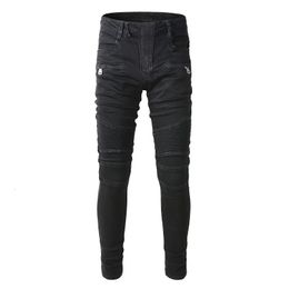 Heren jeans Black Jeans Slim Open Motorcycle Ribs Zipper Elastic Wash Denim Jeans Black Trousers Size 28-40 230403