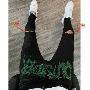 Jeans pour hommes Jeans noirs pour hommes tendance Jogger Hip Hop tout-match rue confortable maigre détruit Stretch strass petits pieds Denim pantalon T221102