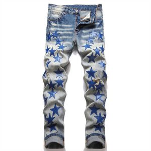 Jeans pour hommes Patchs en cuir bleu pour hommes Jeans Streetwear Pantalon en denim extensible déchiré en détresse Pantalon fuselé mince T221102