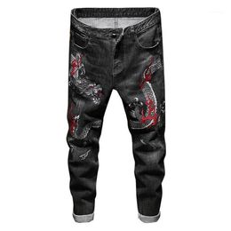 Jeans pour hommes Hommes Chinois Dragon Broderie Denim Trendy Slim Straight Stretch Pantalon Noir Blue1213h