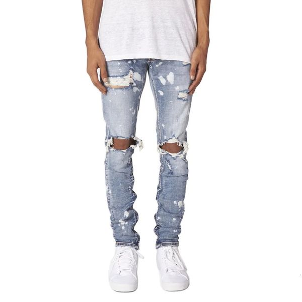 Jeans pour hommes Peinture craquelée pour hommes Bouton en détresse Fly Zipper Leg Hip Hop High Street Skinny Denim jeans 231215