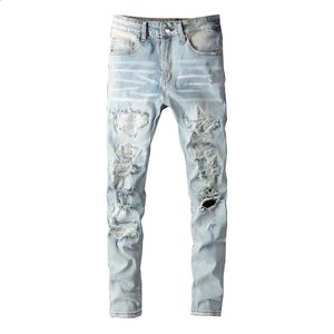 Jeans pour hommes Trou de cristal pour hommes Patch de déchirure Jeans de travail Vêtements de rue Denim bleu clair Pantalon crayon ultra-mince Pantalon 231109