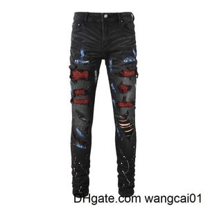 Jeans pour hommes en cristal extensible en cristal en jean skinny jean peint hos pantalon conique déchiré pantalon streetwear pantalon noir 0408h23