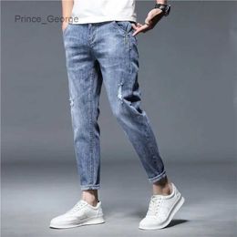 Jeans pour hommes Pantalon en denim pour hommes longueur cheville jean de haute qualité été Stretch coton trou mince Streetwear Design corée pantalon décontractéLF231111