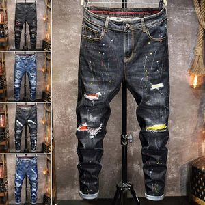 Jeans pour hommes Hommes Drop Biker Distressed Stretch Ripped Hommes Hip Hop Slim Fit Trous Punk Denim Coton Pantalon1