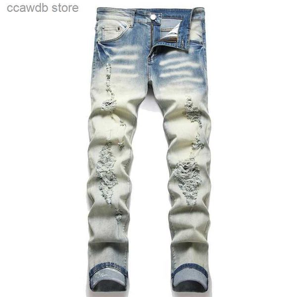 Jeans pour hommes mode décontracté trou peint par pulvérisation jean à la mode haute rue élasticité Denim tissu pantalon T240109