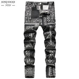Jeans para hombres Moda para hombres Paisley Jeans retro para hombres Vaqueros rectos ultrafinos negros Pantalones de mezclilla elásticos con pintura digital 3D para hombres 230407