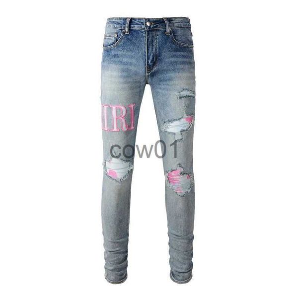 Jeans para hombres Chica de hombre Azul desgastado Streetwear Slim Fit Letras bordadas Patrón Patchwork Dañado Flaco Estiramiento Jeans rasgados J231026