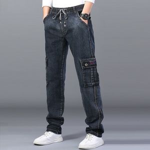 Heren jeans heren high taille jeans recht groot formaat dinem broek man mannelijke zwarte jeans zijkant multi pocket blauw losse elastische band vrachtbroek 230308