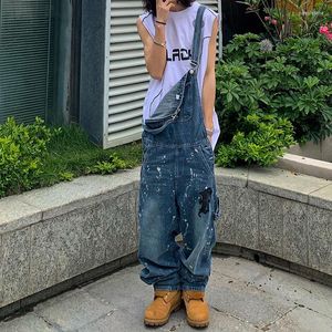 Heren jeans heren inkt jet pu lederen brief borduurwerk los overalls en dames retro harajuku casual denim broek oversized