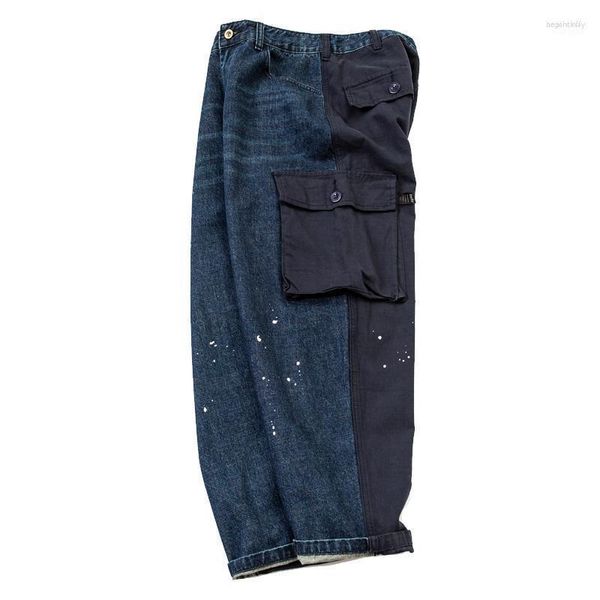 Jeans para hombres Moda japonesa para hombres Moteados cosidos con algodón flameado Pantalones rectos sueltos con bolsillo para herramientas y pantalones para mujeres