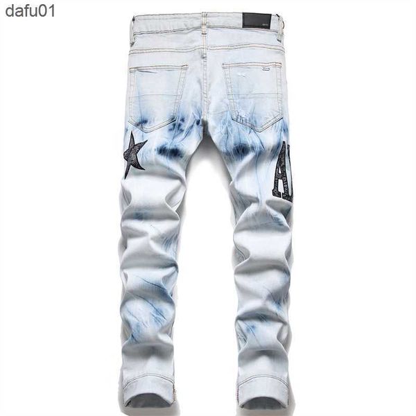 Jeans para hombres Jeans para hombres Parche de moda Ripped Blue Men Slim Fit Diseñador Pantalones de mezclilla lavados Hip Hop DJ Party Punk Rock Pantalones L230520 L230520