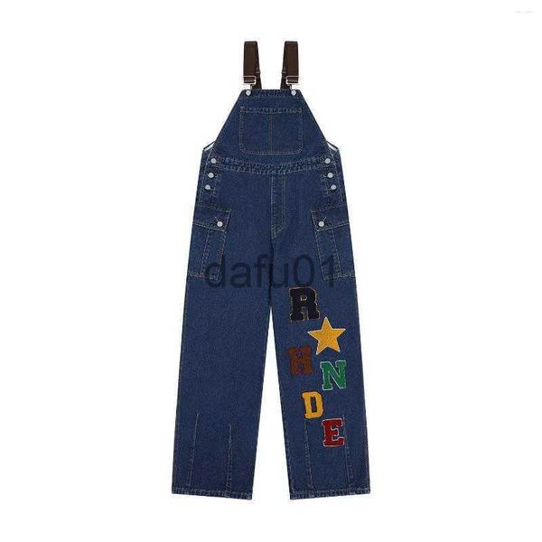 Jeans pour hommes Jeans pour hommes Streetwear japonais Vintage Flocage Brodé Denim Salopette Sangles Pantalon Cargo Hommes Bleu Lâche Bretelles Occasionnelles x0914