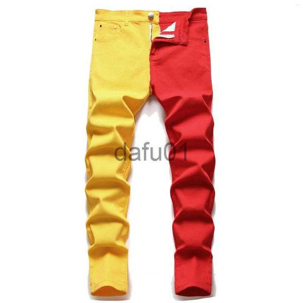 Jeans pour hommes Jeans pour hommes mâle 2023 style américain mode couture bicolore jaune rouge vert tendance pantalon stretch pantalon en denim x0914