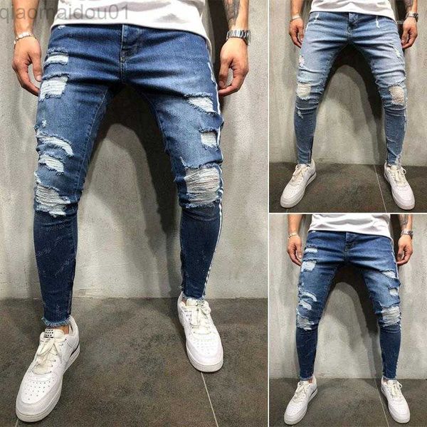 Jeans para hombres Jeans para hombres Hombres Elástico Rasgado Flaco Destruido Parche con cinta Slim Denim Blue Jean Pantalones Side Strip Fitn Korean Jeans1 L230725