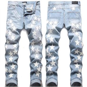 Jeans voor heren Jeans voor heren Pu-leer Ster Hip Hop-stickerbroek Potloodbroek Nieuwe mode Slim Fit straatjeans 231114