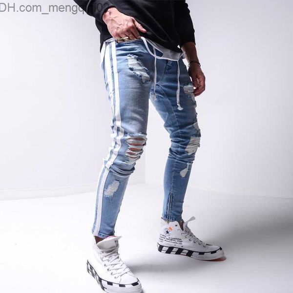 Jeans para hombres Jeans para hombres Pantalones lápiz rasgados Hombres Skinny Denim Biker Side Striped Destroyed Hole Hip Hop Slim Fit Hombre Scratched Jean Hombre Z230707