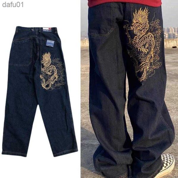 Jeans pour hommes Jeans pour hommes Vintage Brodé Dragon Imprimer Hommes Surdimensionné Y2K Pantalon Hip Hop Streetwear Large Jambe Planche À Roulettes Trous L230520