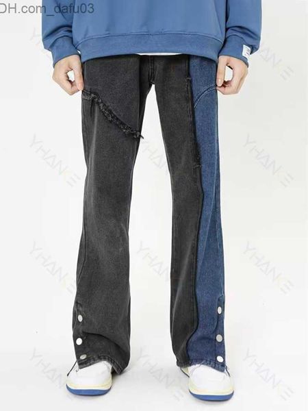 Jeans para hombres Jeans para hombres Vintage Street Wear Botón de costura Lavado Microflare Monos Hombres Retro Hip Hop Patchwork Denim Jeans Slim Mujer Hombre Pantalones Z0225 Z230801