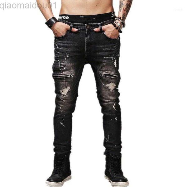 Jeans pour hommes Jeans pour hommes Hiver Hommes Haute Qualité Denim Black Riders Pantalon Homme Biker HighStreet Tide Marque Déchiré Pantalon1 L230725