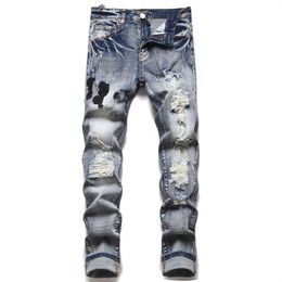 Herenjeans Herenjeans met gaten en patches, trend, stretch, smal Slim-fit broek, veelzijdige herenbroek