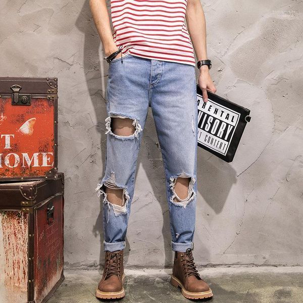 Jeans pour hommes LEOSOXS hommes rétro trou blanchi lavé décontracté solide en détresse Vintage ample mâle cheville longueur Denim Pants1