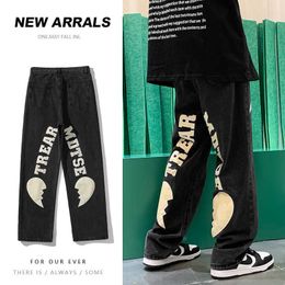 Men's Jeans Men's Letter Printed Denim Pants Autumn Winter Fashion Straight Casual Jeans Japan Style Streetwear Hip Hop Mopping Trousers Z0301