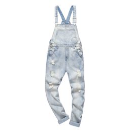 Heren jeans lichtblauwe sneeuw gewassen Denim Bib overalls plus grote grootte gaten van hevige jumpsuits Coveralls Jeans T221102