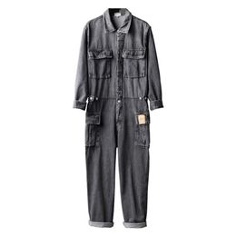 Heren jeans heren met lange mouwen multi -zakken lading denim jumpsuits casual werkende coveralls overall jeans set grijs blauw t221102