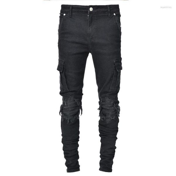 Jeans pour hommes Pantalon en denim déchiré pour hommes pour hommes Skinny Elastic Boys Hole avec multi-poches Zipper Pantaloon Slim Black Cargo Pants