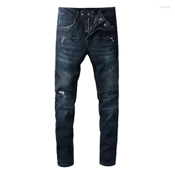 Jeans pour hommes Hommes Hommes Biker Pour Moto Streetwear Bleu Foncé Stretch Denim Pantalon Slim Plissé Patch Déchiré En Détresse