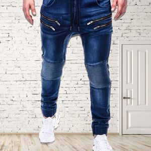 Jeans pour hommes Hommes Hommes Casual Zipper Cordon Poches Courir Skinny Pantalon Jogger Pantalon Bleu Homme Jens Fashions BlueMen's