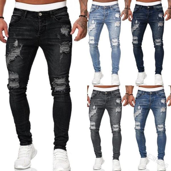 Jeans pour hommes Style punk pour hommes Stretchy Ripped Skinny Biker Broderie Imprimer Détruit Trou Scotché Slim Fit Denim Rayé HIP HOP